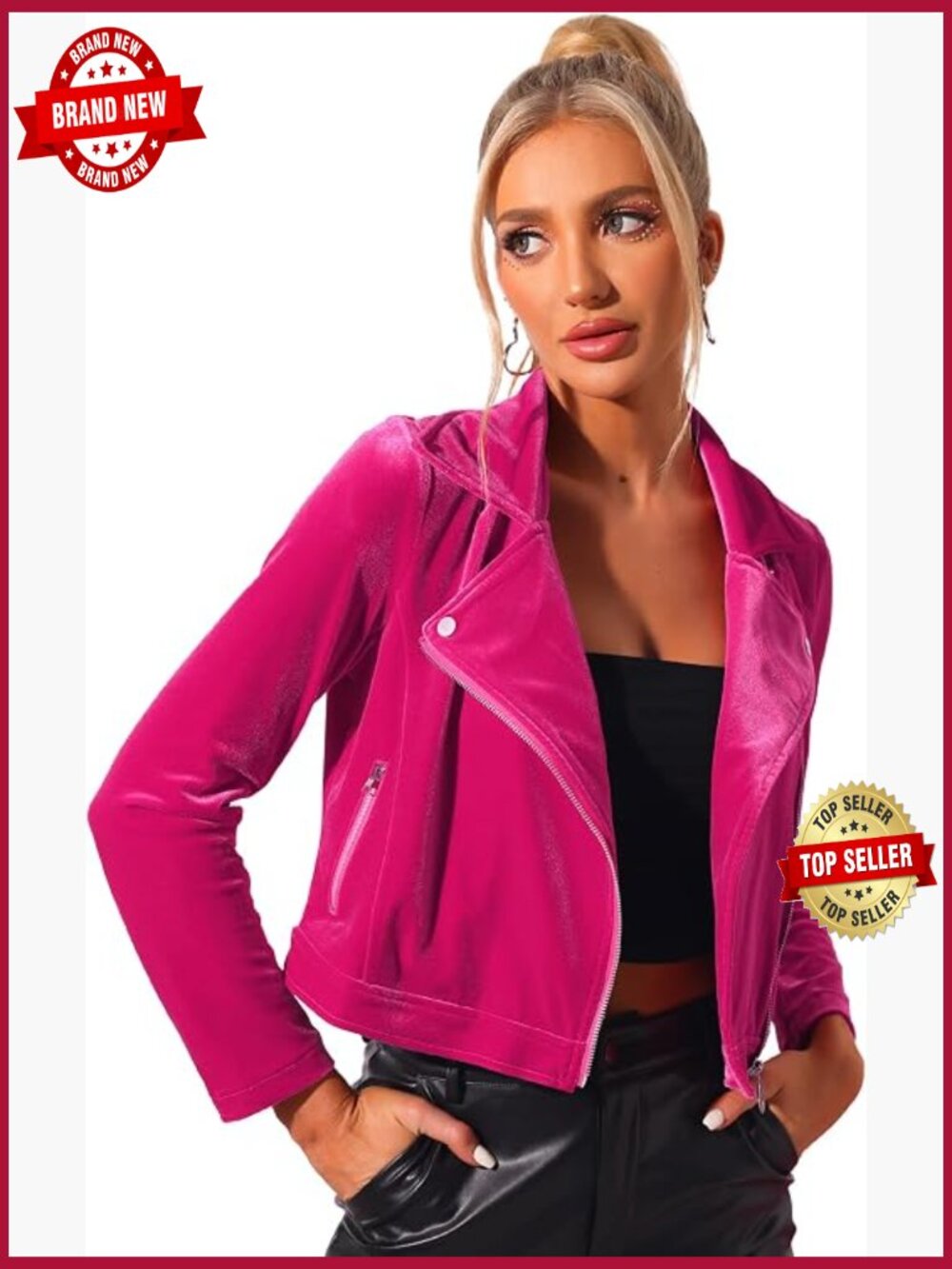Women's Velvet Moto Jacket Cropped Blazer Zip Up Collar Winter Dressy Coat